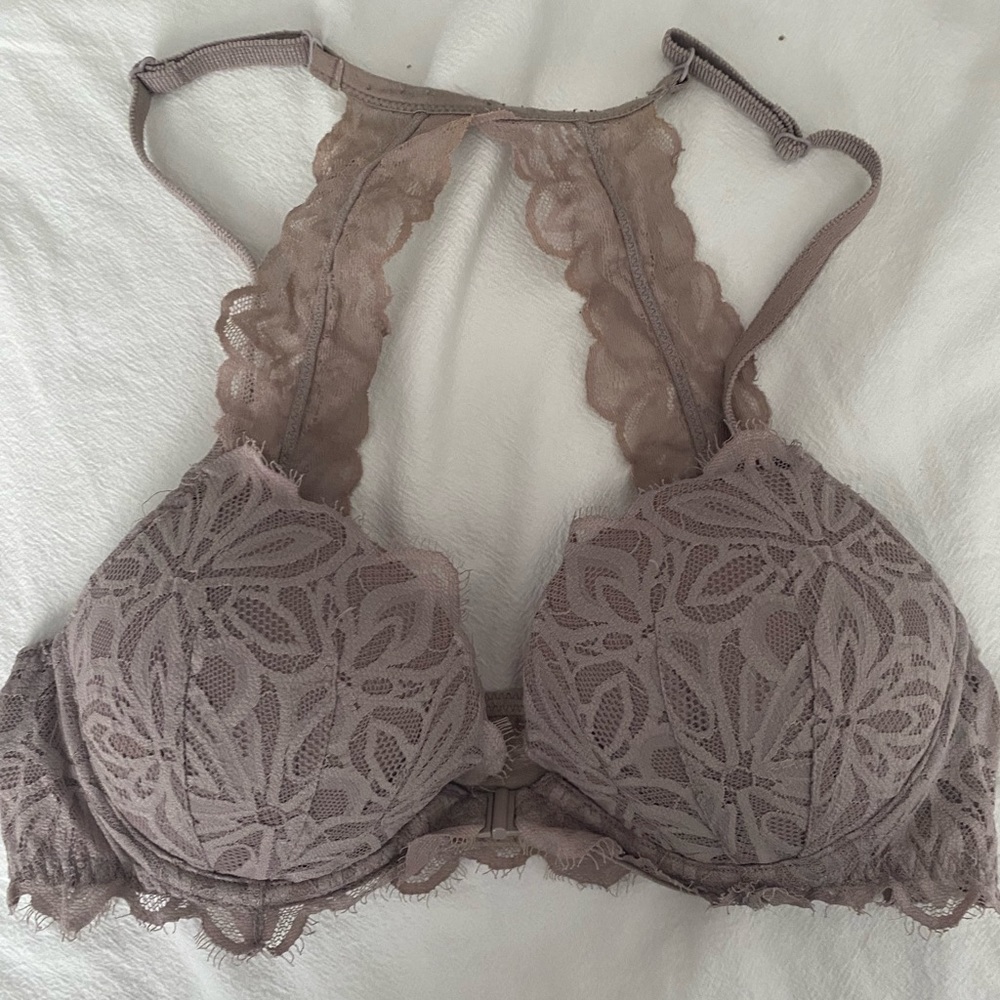 COPY - PINK bra in a taupe color; clasps in the front and has lace detailing